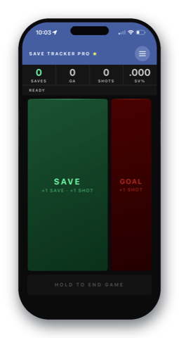 Save Tracker on an iPhone, showing full-height Save and Goal tap targets